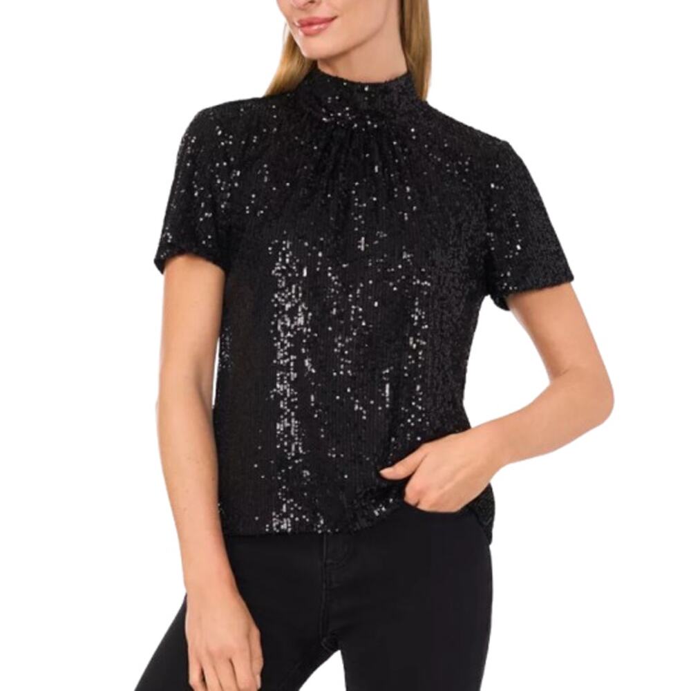 CECE Women's Sequin Top Large Rich Black Bow Back Mock Neck Short Sleeve NWT